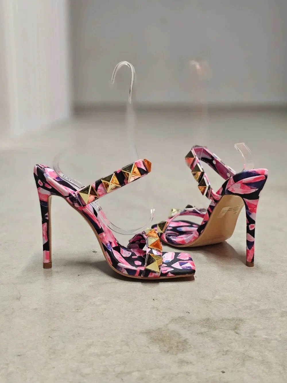Pink & Gold Studded High Heel Sandals With Floral Pattern Open Toe Stiletto Heel - Picture 1 of 13